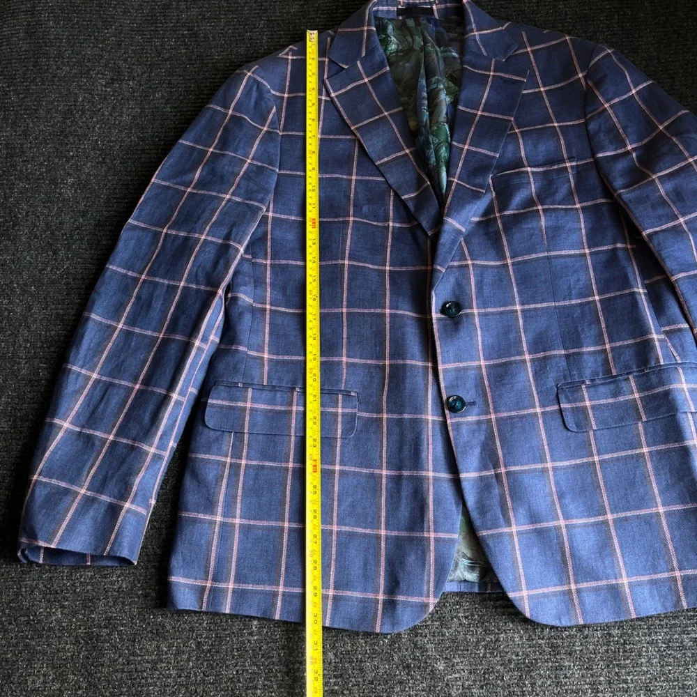 Tallia Mens 44R Blue Pink Windowpane Plaid 100% Linen Sport Coat Blazer Jacket